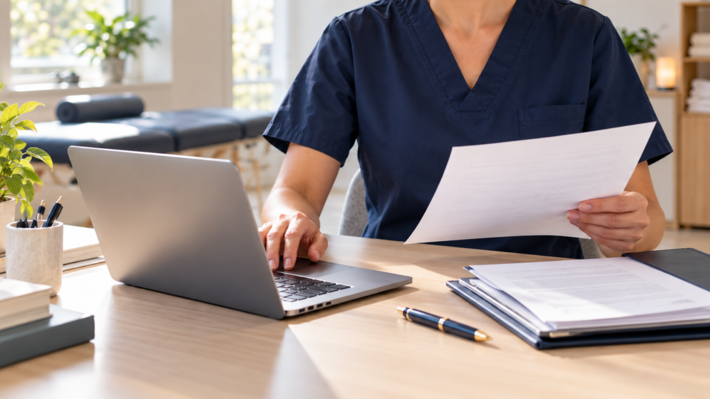 Professional reviewing documents for an osteopathy qualification assessment in Italy.