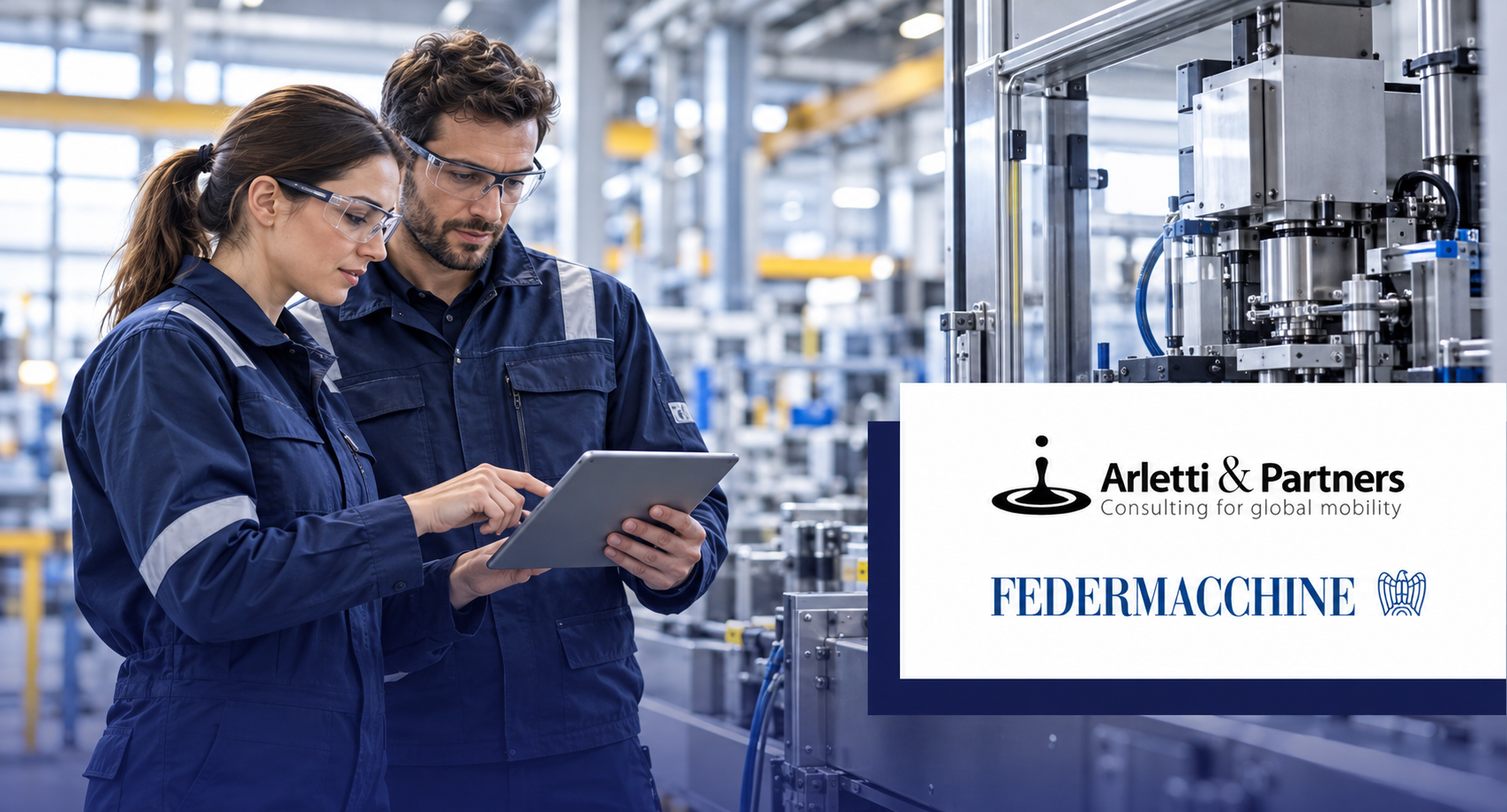 Two engineers inspecting industrial machinery, with the Arletti & Partners and Federmacchine logos